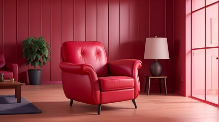 Living Room Mordern Interior Of Leather Pink Color Arm Chair On Tiles Floor-1