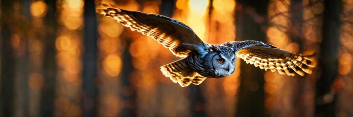 owl in flight in the forest at sunset 