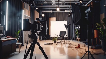 Minimalist video production, professional camera focused on interview setup, clean design, soft light, mid shot
