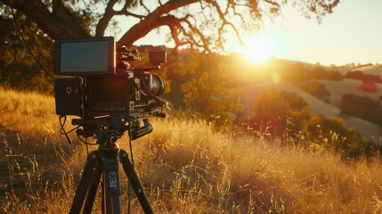 Outdoor video production, professional camera aimed at interview setup, natural light, golden hour, low angle - obrazy, fototapety, plakaty