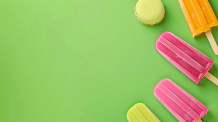 A refreshing summer theme image showcasing an array of colorful popsicles arranged neatly on a bright green background