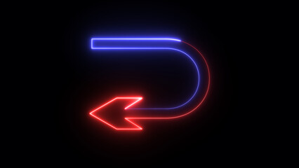 Neon back turn arrow illustration sign with a bright glow. Design of the page turn-back arrow icon