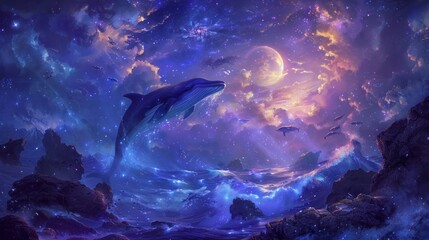 Obraz premium Surreal ocean scene with whales floating amidst cosmic clouds under moonlit sky. Fantasy dreamscape with marine life.