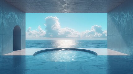 an empty room with a pool in the middle of the room and a view of the ocean in the distance.