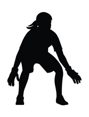 Black figure of a young girl junior women's football goalkeeper standing in front of the goal with legs bent waiting for the ball