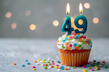 Birthday cupcake with number forty-nine candle