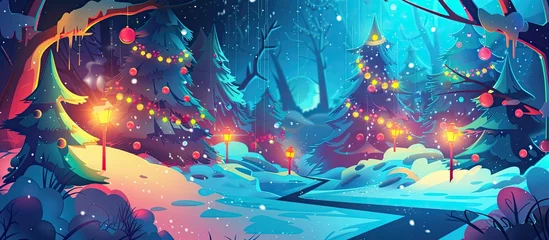  An electric blue sky hangs overhead as snowcovered Christmas trees twinkle with lights in a serene natural landscape painting © AkuAku