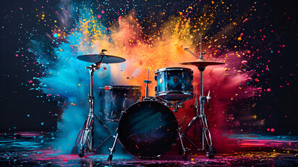 Drums with rainbow paint energetic explosion, generative Ai