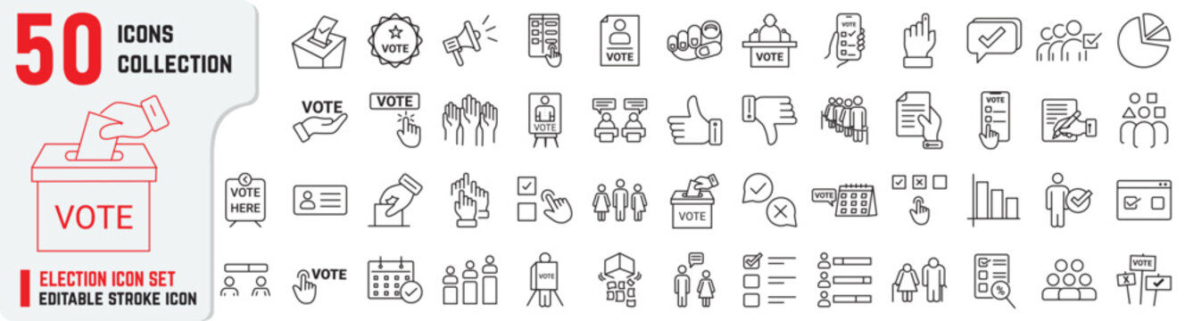 Set of Election related stroke icons also includes Raising Hand, Electronic voting, poll, box, democracy, ballot, debate, congress, president, government, election, 50+ vote thin icon collections,