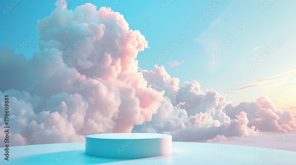 Poster serene sky with fluffy clouds backdrop above minimalistic cylindrical pedestal for product display, 