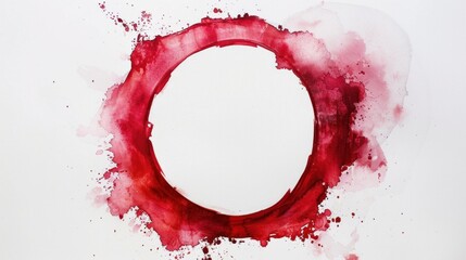 Red watercolor stain forms circle against white background, like wine ring in glass. - obrazy, fototapety, plakaty