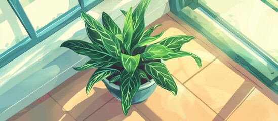 A houseplant in a flowerpot sits on a tiled floor by the window, showcasing its terrestrial beauty. The plant could be a grass, palm tree, or flowering plant