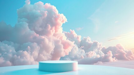 Serene sky with fluffy clouds backdrop above minimalistic cylindrical pedestal for product display, emphasizing tranquillity and simplicity. Abstract minimal scene for products - obrazy, fototapety, plakaty