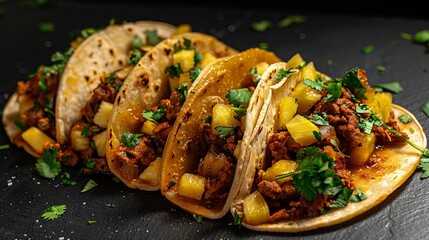 Tacos al pastor with pineapple and cilantro garnish