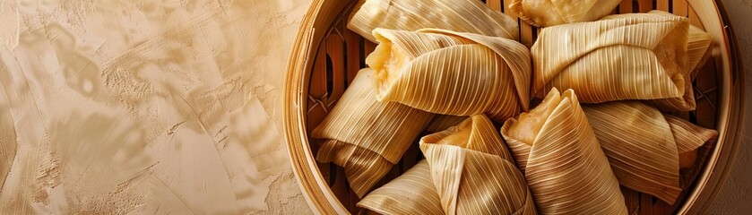 Tamales wrapped in corn husks arranged in a traditional steamer pot - obrazy, fototapety, plakaty