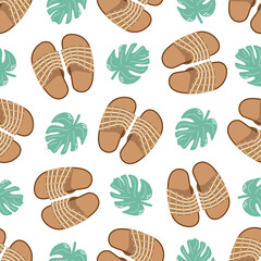 Cute hand drawn flip flops and plant leaf seamless pattern. Flat vector illustration. Doodle drawing. - obrazy, fototapety, plakaty