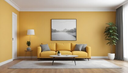 Three dimensional render of yellow colored corner of living room