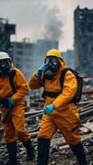 Fototapeta premium People in protective suits and gas masks against a backdrop of destroyed infrastructure