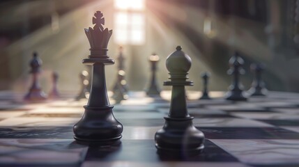 Leadership on the chessboard, queen front and center, soft backlight, serene mood - obrazy, fototapety, plakaty