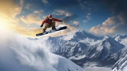 One person snowboarding enjoying the winter sport and freedom  - obrazy, fototapety, plakaty
