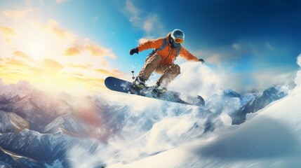 Naklejka na ściany i meble One person snowboarding enjoying the winter sport and freedom 