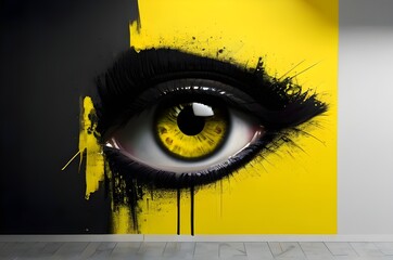 Modern interior wall art of eye, black and yellow painted beautiful eye.
