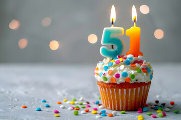 Birthday cupcake with number fifty-one candle