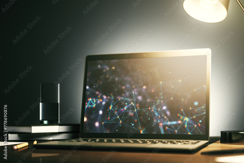 Leinwandbilder Modern computer monitor with technology desktop. Research and development software concept. 3D Rendering