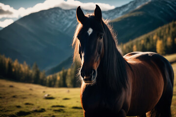 Horse portrait with long mane and long mane in the mountains - obrazy, fototapety, plakaty