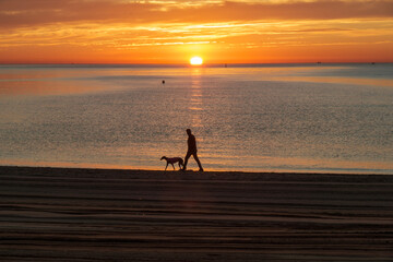 Playa de Mälaga, persona paseando a su perro por la orilla, amanecer, el sol saliendo por el...
