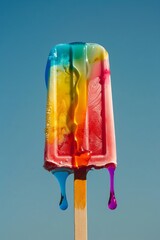 A popsicle melting in the sun, with colorful drips running down the stick