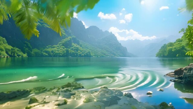Aerial view of mountains on the River on an exotic tropical sunny day