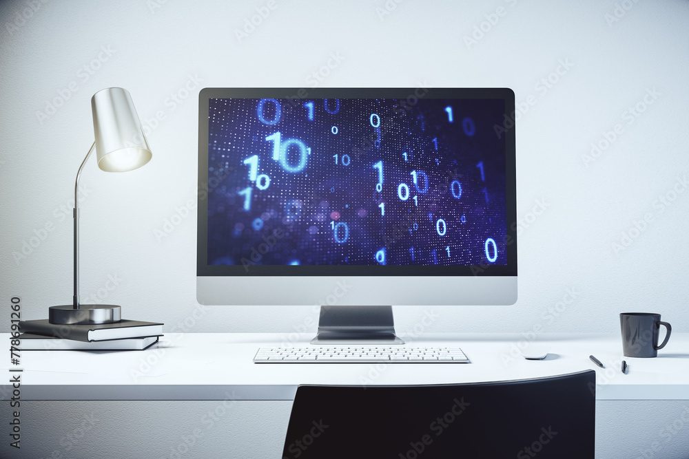 Aufkleber Modern computer monitor with creative abstract binary code hologram. Database and programming concept. 3D Rendering