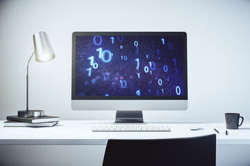 Modern computer monitor with creative abstract binary code hologram. Database and programming concept. 3D Rendering