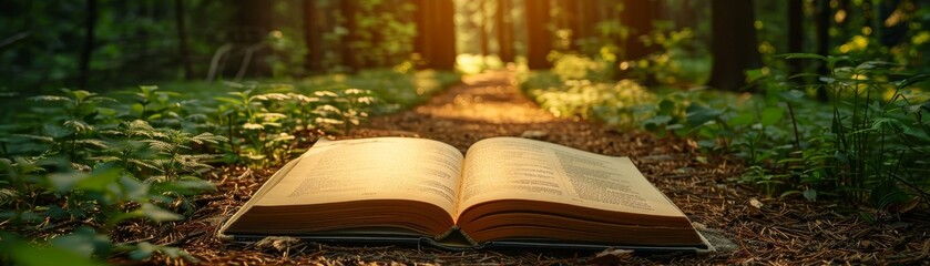 Naklejka na ściany i meble Inspirational books illuminating paths in a forest,