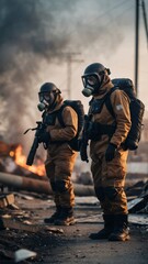 People in protective suits and gas masks against a backdrop of destroyed infrastructure