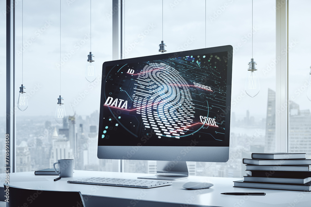Leinwandbilder Computer monitor with abstract fingerprint scan interface, digital access concept. 3D Rendering