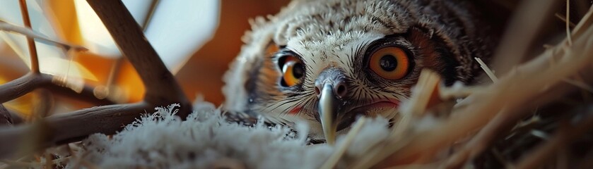 Owl chick hatching, macro view, gentle dawn light, lifes first moments, close up - obrazy, fototapety, plakaty