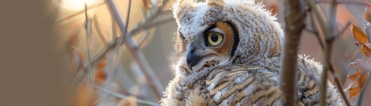 Newborn owl in spring, eye contact, serene background, lifes beginning glow, close up