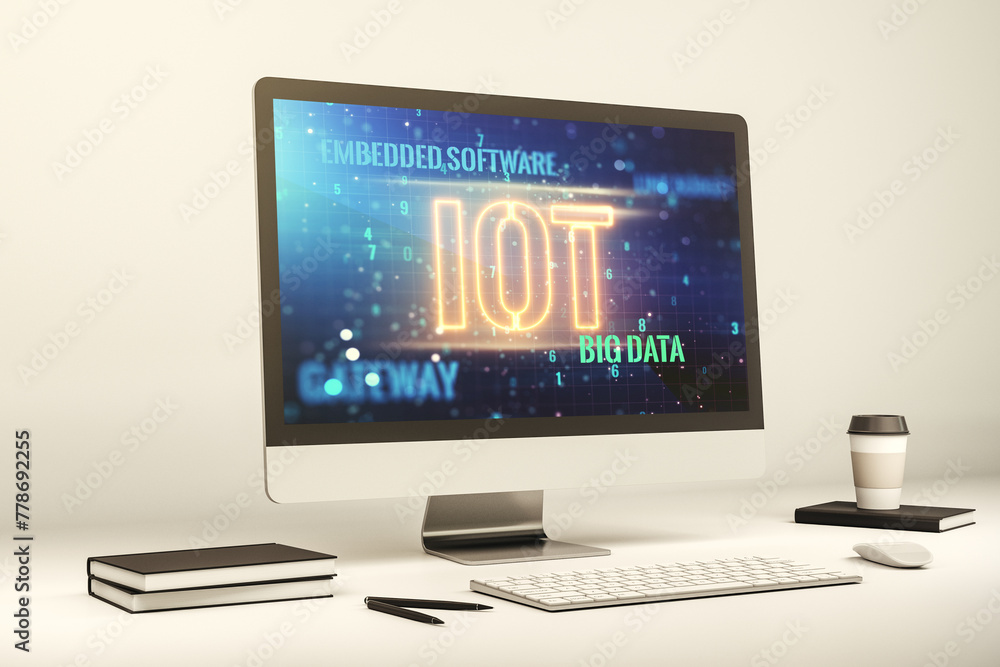 Poster Modern computer monitor with creative IOT hologram, research and development concept. 3D Rendering