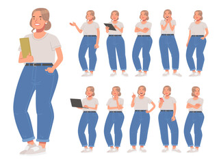 Set of cute plump girl character in various actions on a white background. Young woman thinks, uses laptops, phone