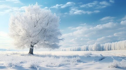 Winter landscape snow covered tree in tranquil forest frosty meadow 