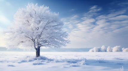 Fototapeta na wymiar Winter landscape snow covered tree in tranquil forest frosty meadow 
