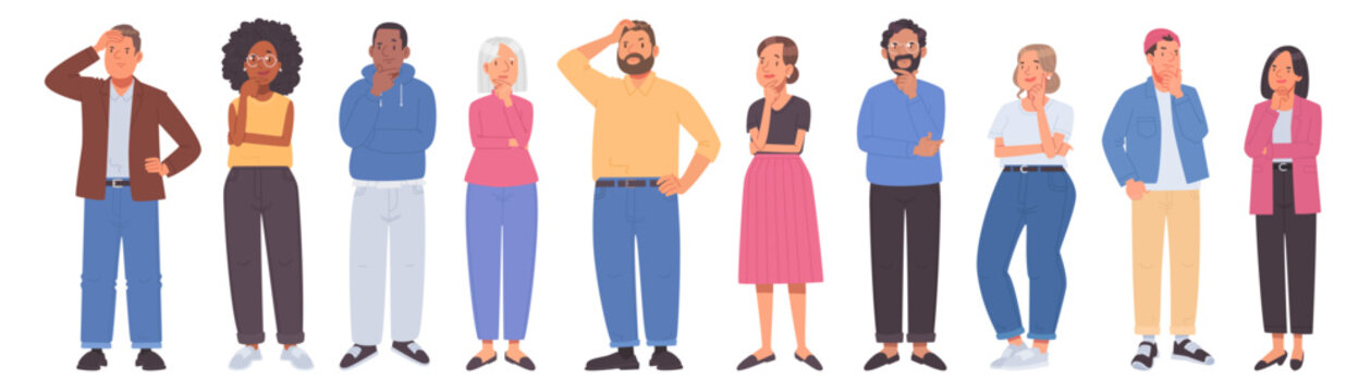 Thinking people in full growth on a white background. Puzzled or dreaming men and women, solving a problem, thinking