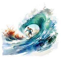 illustration of surfer and waves, Isolated on transparent PNG background, Generative ai