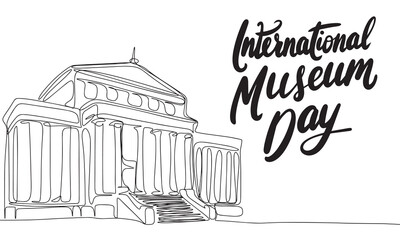 International Museum Day banner. Line art museum building. Hand drawn vector art