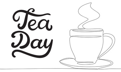 International Tea Day banner. Line art tea and teapot. Hand drawn vector art