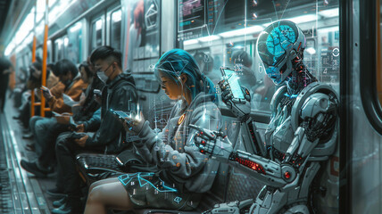 A future lifestyle of human society lived alongside robots. Robots and humans sitting on the subway. Artificial intelligence. Futuristic technology concept - obrazy, fototapety, plakaty