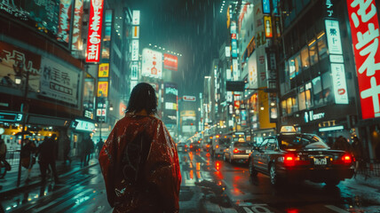 A woman wearing a raincoat walks on a street in Japan