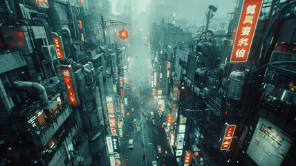 Aerial view of a futuristic Asian city. Neon-lit luminous advertising cityscape. Luminous...